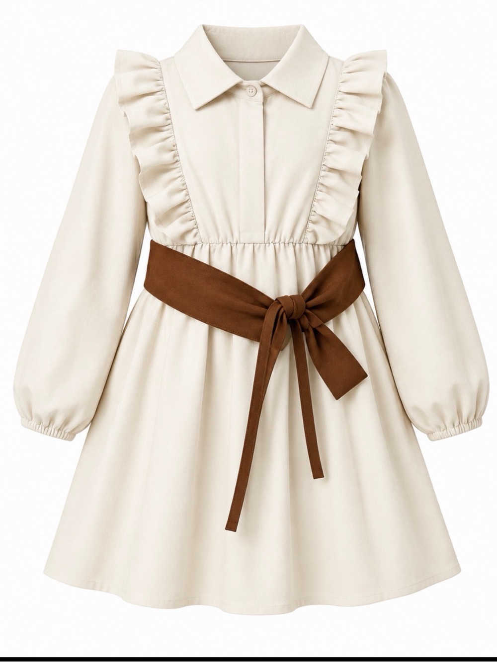Cream and Brown Kids Dress with Ruffle Detail